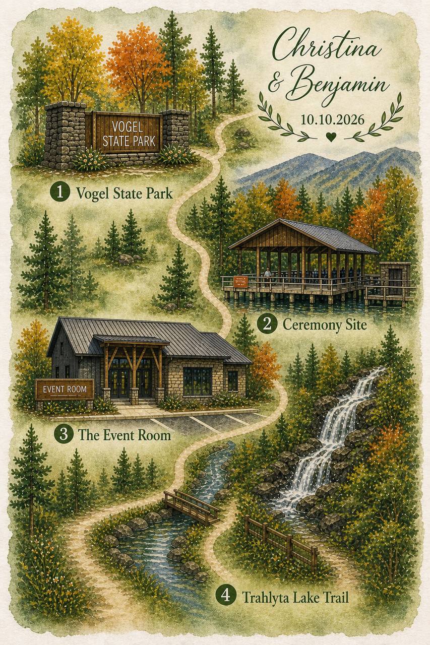 Illustrated map of Vogel State Park wedding locations for Christina and Benjamin